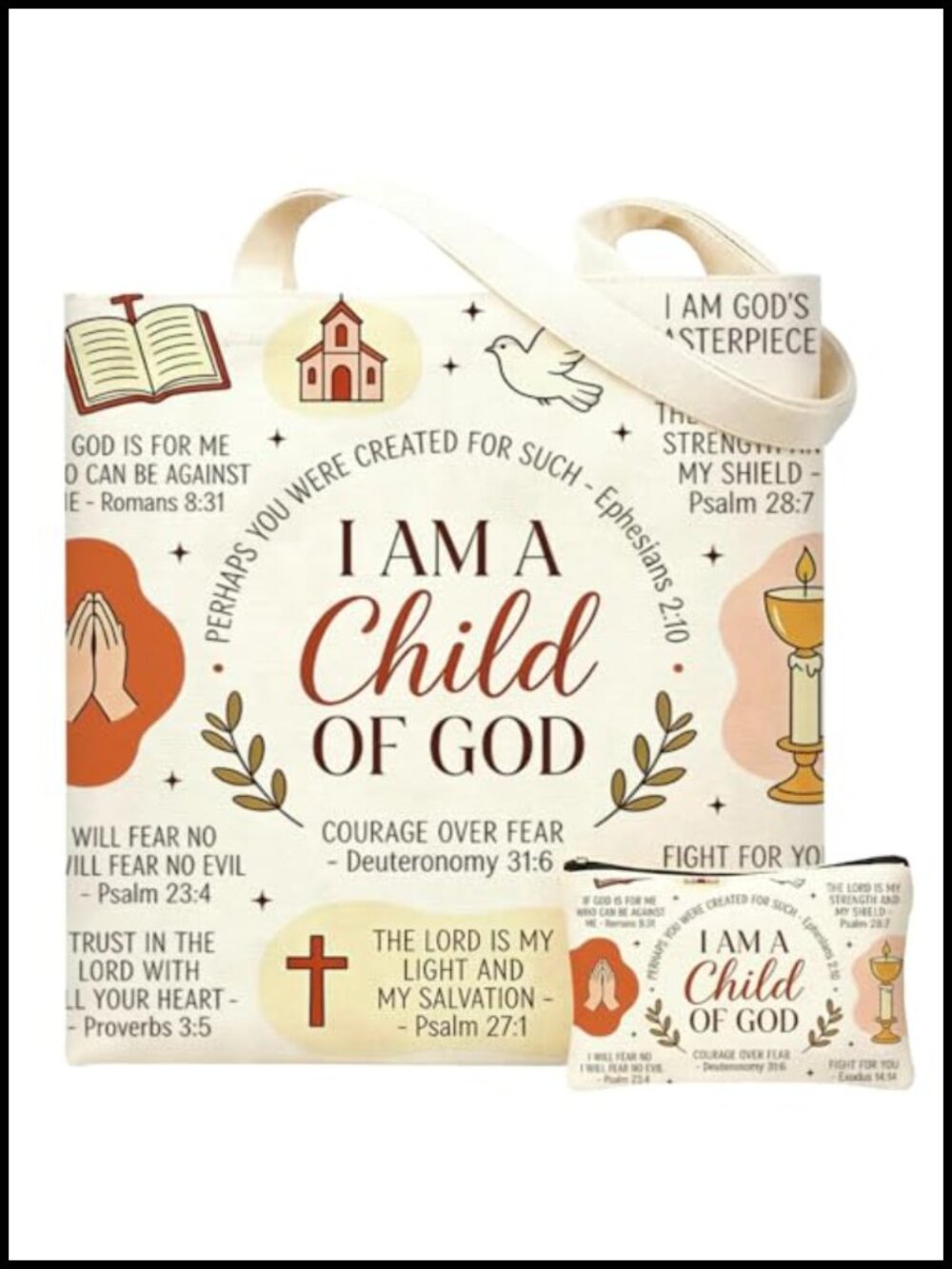 Christian Canvas Tote Bag with Makeup Bag Inspirational Religious Gift Set